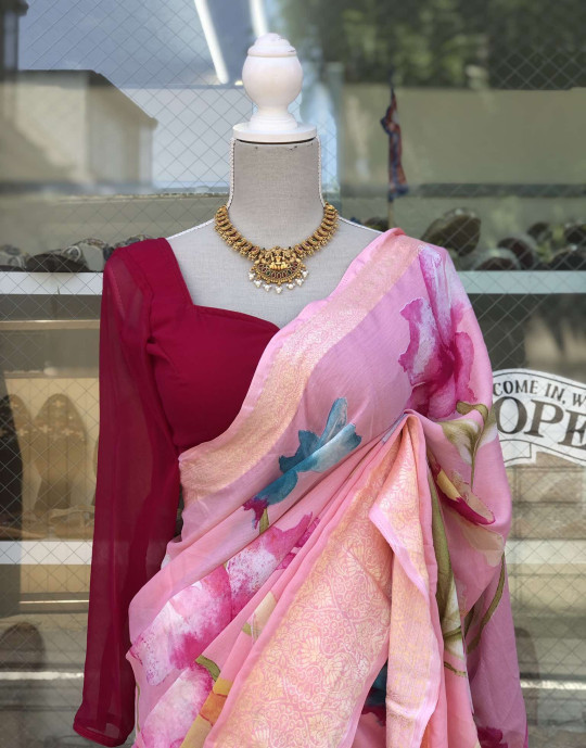 Floral Print Handwork Chinon Saree